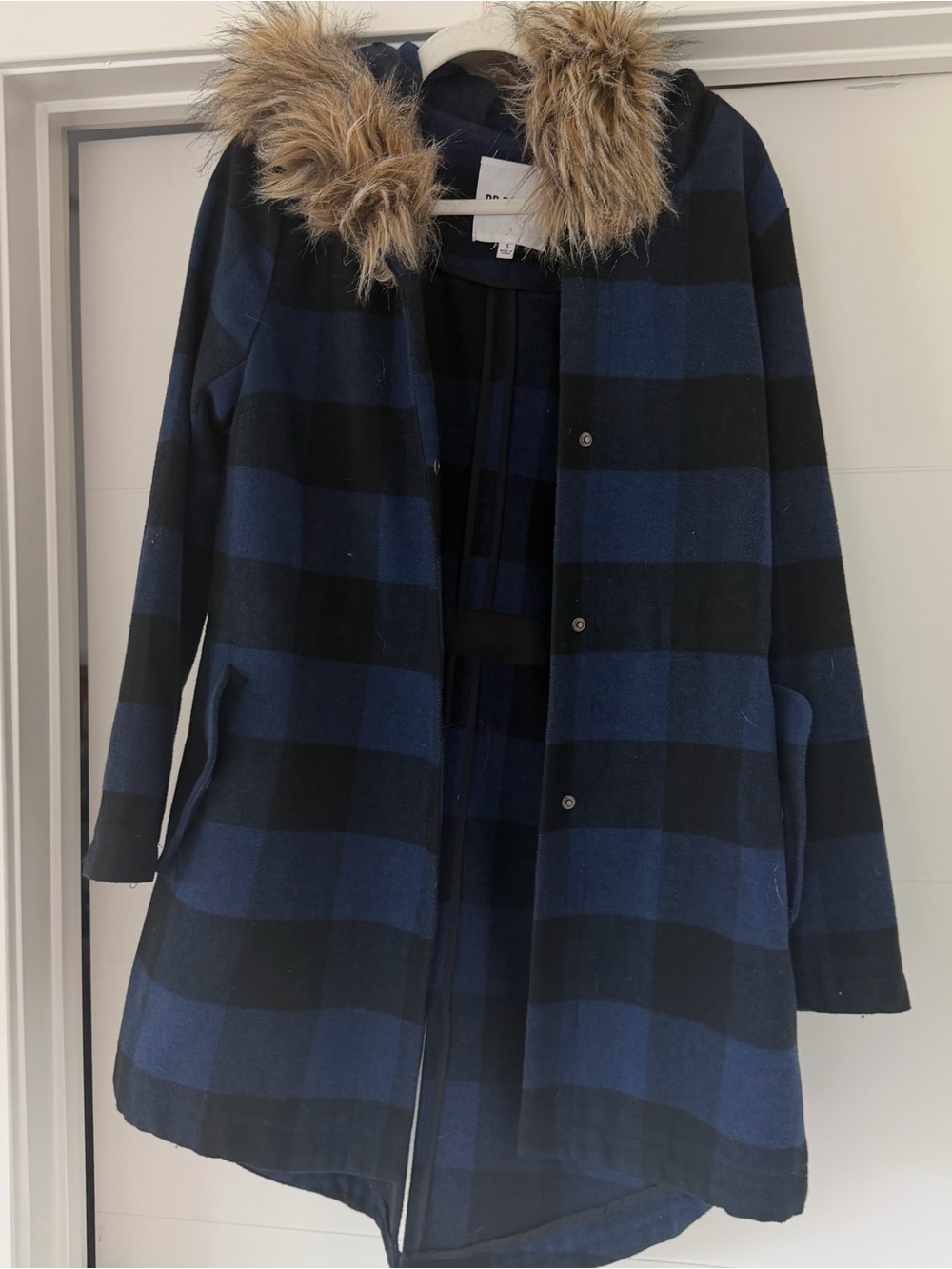 BB Dakota Blue and Black Plaid Hooded Trench Coat with Faux Fur Trim